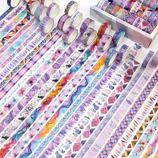 Washi Tape Set 30 Rolls - Colored Decorative Tape, Adhesive Art Tapes for Journaling, Scrapbooking Supplies, DIY Crafts, Junk Journal, School Supplies, Pink Purple Washi Tpae