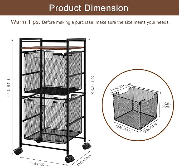 EasyPAG Rolling File Cart Metal File Organizer Storage Cart 2 File Drawers Mobile File Cart with Removable Drawers with 4 Swivel Casters Rolling Wheels Cart, Black