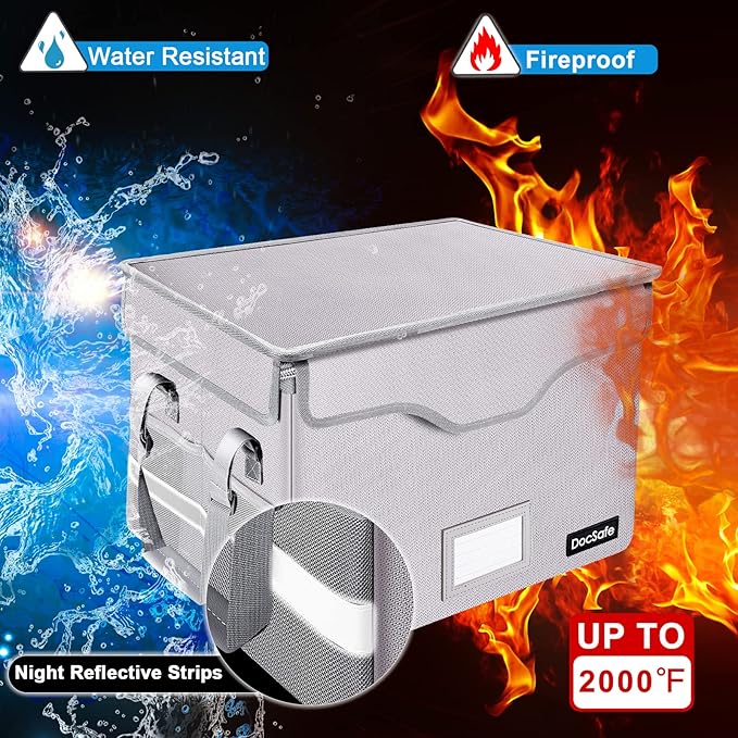 DocSafe File Box Fireproof Document Box with Lock,File Storage Organizer Box with Insert Pockets,Collapsible Portable Filing Box Home Office File Cabinet with Handle for Hanging Folder,Silver,2 Pack