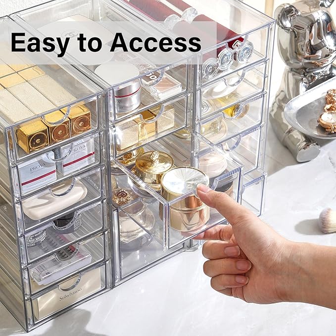 Prsildan Acrylic Drawer Makeup Organizer with 4 Drawers, Set of 2 Office Desk Organizers Accessories, Clear Stackable Storage Drawers for Vanity, Countertop, Craft, Jewelry, Art Supply Organization