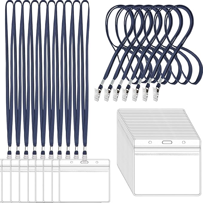 100Pcs Clear Plastic Horizontal Name Tags Badge ID Card Holders and 100Pcs Lanyards with Clip (Navy Blue)