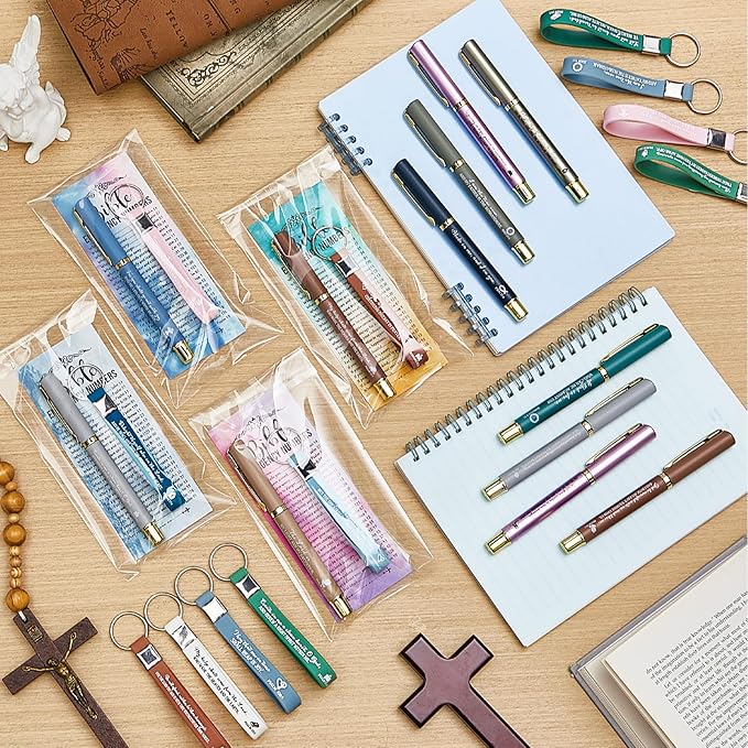 25 Sets Christmas Christian Church Gifts Bulk Bible Verse Plastic Gel Pen Religious Silicone Keychains Scripture Bookmark 2''x 6'' Emergency Numbers Bible Bookmarks Gift Pastor(Colorful)