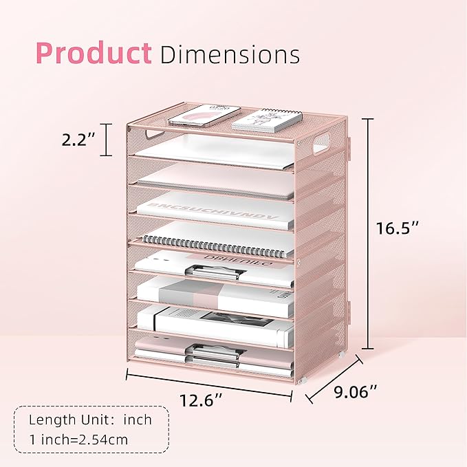 DALTACK 9-Tier Paper Letter Tray Desk Organizer with Handles, Mesh File Holder Organization, Paper Sorter Desk Organizer for Office Home School, Pink 2 Pack