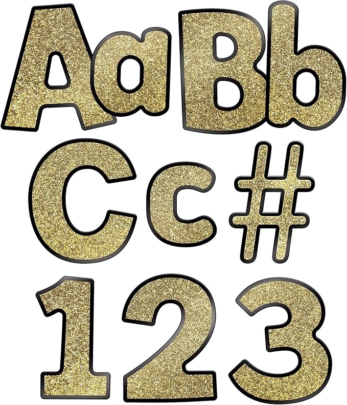 Carson Dellosa 219 Piece 4 Inch Gold Glitter Bulletin Board Letters for Classroom, Alphabet Letters, Numbers, Punctuation & Symbols, Cut Out Letters for Bulletin Board