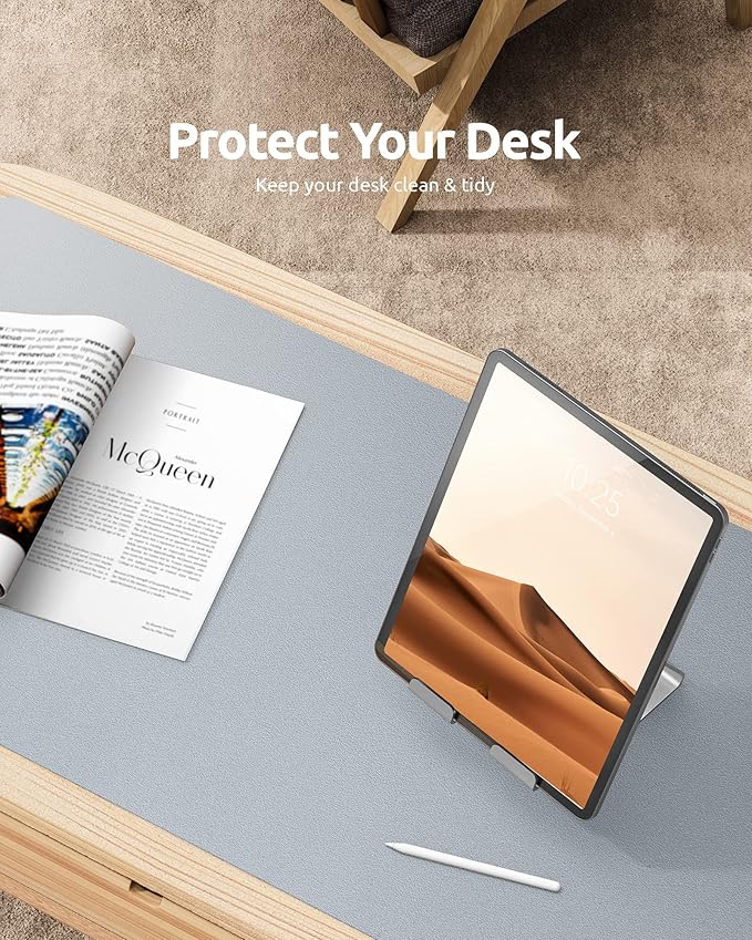 YSAGi Leather Desk Pad Protector, Office Desk Mat, Large Mouse Pad, Non-Slip PU Leather Desk Blotter, Laptop Desk Pad, Waterproof Desk Writing Pad for Office and Home (Light Grey, 23.6" x 13.8")