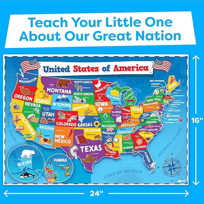 Momo & Nashi United States & World Map Poster for Kids - 2 Pc - 24 x 16 Inch Waterproof USA & Map of the World Poster - for Wall Posters for Learning, Classroom, Education, Back to School Resources