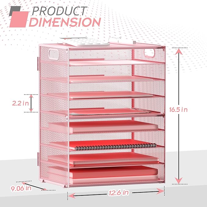 9-Tier Paper Organizer Letter Tray with Handle, Mesh File Organizer Paper Sorter Holder, Desk Organizer for Office Home School, Pink