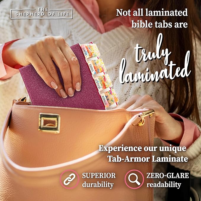 Gold Floral Bible Tabs for Women - Soul Nourishing Book Summaries - 66 Peel-and-Stick Large Print Laminated Bible Tabs | Bible Study Supplies Pink, Journaling Accessories, Gifts, The Shepherd of Life