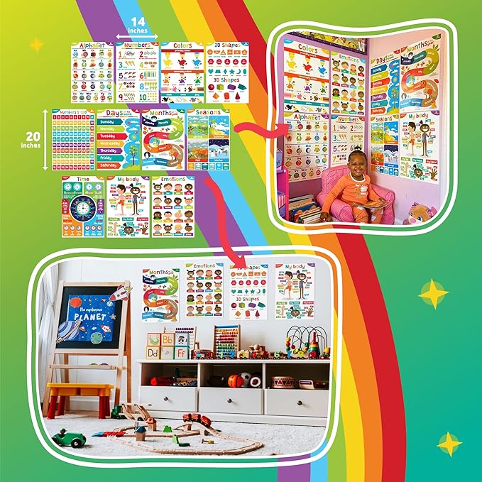 Sproutbrite Educational Posters for Toddlers - Laminated Classroom Decorations - Kindergarten Homeschool Supplies Materials - Preschool Learning Decor - ABC Poster - 11 Charts for Distance Learning