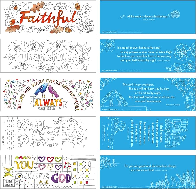 Christian Colouring Bookmarks, Psalms, Pack of 10 Different Designs, with Coloured Bible Verse on Reverse. Makes a Great Christian Gift for Adults or Children, by Just Cards Direct. (White/EPBM)