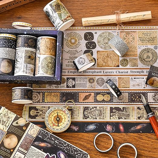 18 Rolls Vintage Washi Tape Pack Retro Arts Adhesive Tapes Wide Monologue Decorative Masking Tape Sets for Craft, Kids, Scrapbook, DIY, Gift Wrapping (Universe Milky Way)