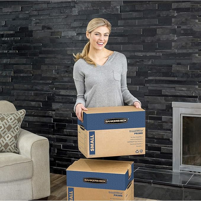 Bankers Box Medium Prime Moving Boxes, Tape-Free FastFold with Reinforced Handles and Attached Locking Lid (Pack of 15)