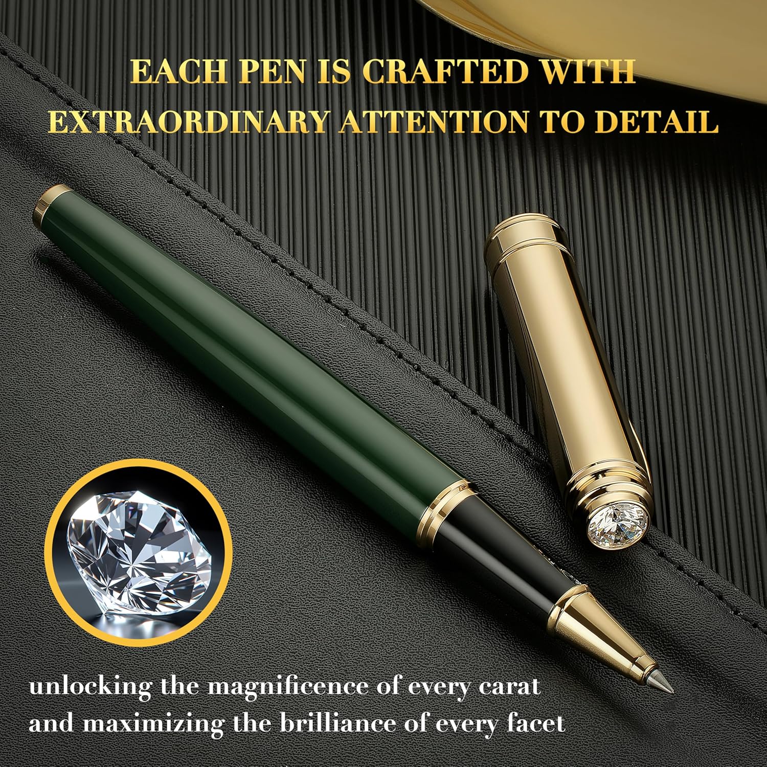 Luxury Rollerball, With 8mm Brilliant diamond,Green Lacquer Pen, Attractive 24K Gold Finish, Schmidt Ink Refill,Glitter Fancy Pens Gifts for Men & Women, Office, Executive, Nice Designer pens