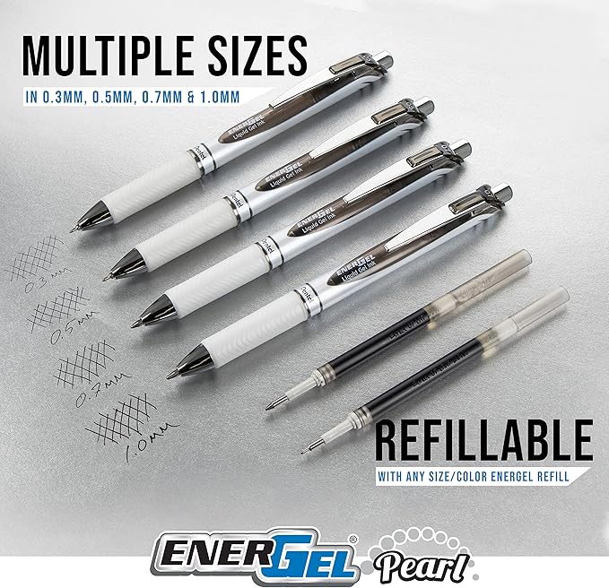 Pentel EnerGel Pearl RTX Retractable Liquid Gel Pen, (0.7mm), Medium Line, Needle Tip, Assorted Ink Colors, Pack of 4 (BLN77WBP4M)