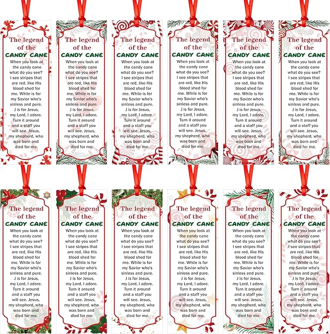 Haooryx 240pcs Christmas Theme Bookmarks, The Legend of The Candy Cane Bookmark with Red Ribbons, Candy Cane J is for Jesus Religious Bookmark Party Favor for Sunday School Supply Students Rewards