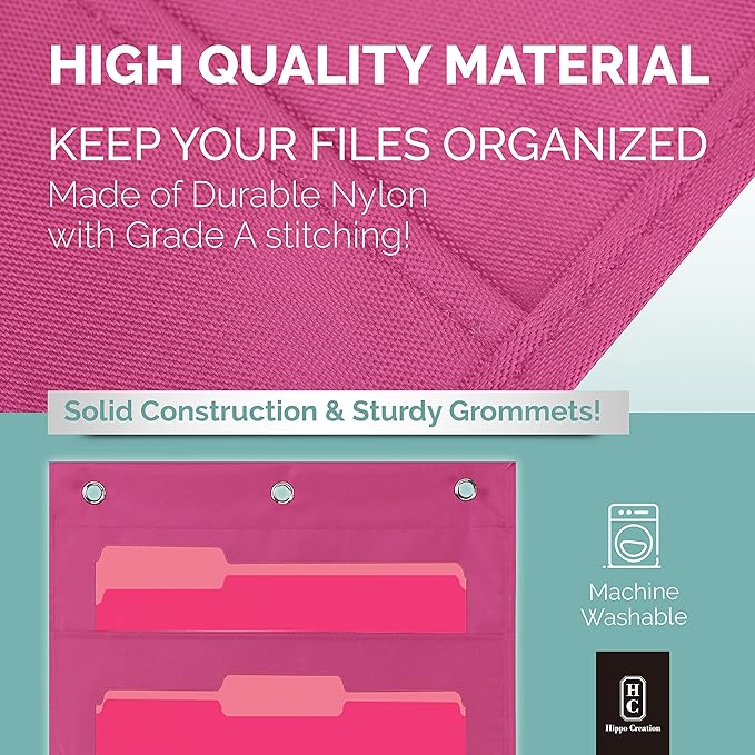 Hippo Creation Heavy Duty Storage Pocket Chart for Classroom, 10 Pocket Storage Organizer with 3 Over-Door Hangers, Hanging Wall Organizer for File Folders, School Mailbox, Home Office Papers - Pink