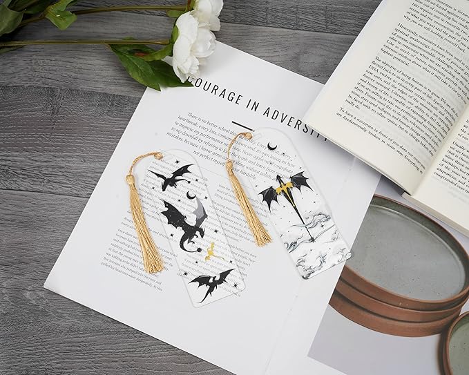 TwoDays 4th Wing Inspired Bookmarks, Fantasy Dragon Acrylic Bookmarks for Bookish Gifts, Cool Romantasy Book Merch for Book Lovers (6"x2", Set of 2)