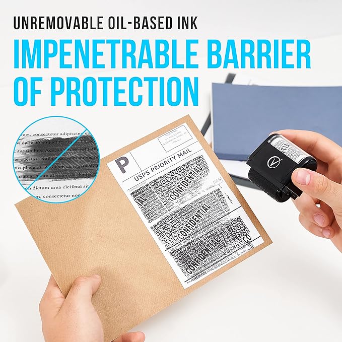 Identity Theft Protection Roller Stamps Wide Kit - Confidential Roller Stamp, Anti Theft, Privacy & Security Stamp, Designed for ID Blackout Security - Classy Black