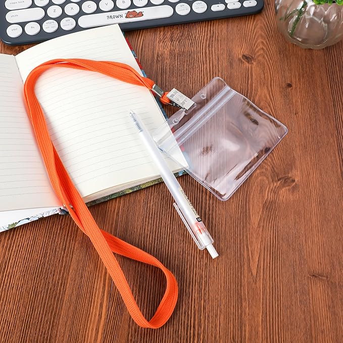 100Pcs Clear Plastic Horizontal Name Tags Badge ID Card Holders and 100Pcs Lanyards with Clip (Orange)