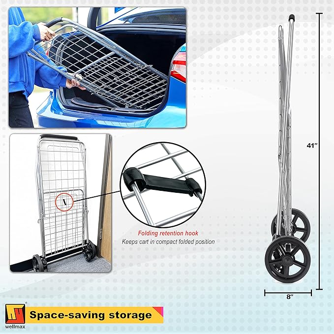 Wellmax WM99024S Grocery Utility Shopping Cart, Easily Collapsible and Portable to Save Space and Heavy Duty, Light Weight Trolley with Rolling Swivel Wheels