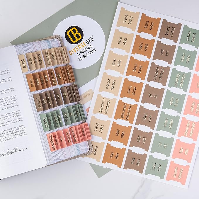 DiverseBee Laminated Bible Tabs (Gold Embossed Lettering), Bible Journaling Supplies, Bible Book Tabs, Christian Gift, 73 Bible Tabs for Women and Men, Includes 4 Blank Tabs (Meadow)