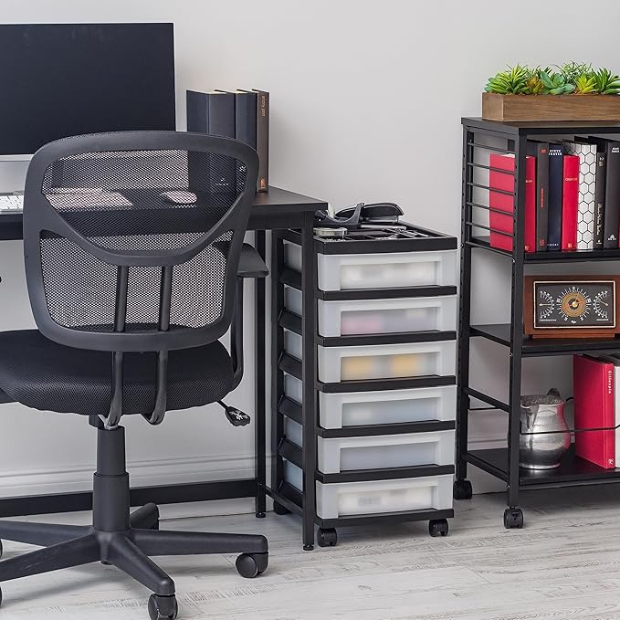 IRIS USA Plastic Drawer Storage Organizer Rolling Cart, with Wheels Casters, 6-Drawers, for Classroom Art Craft Supplies Dresser Closet Bathroom Dorm Bedroom Laundry Room, Black/Pearl