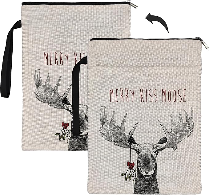 Christmas Book Sleeve,Merry Kiss Moose Christmas Xmas Book Sleeve Book Covers Book Protector Pouch with Zipper,Book Sleeve Gifts for Book Lovers Readers,Book Cover for Paperback 9.4x12.1 Inch