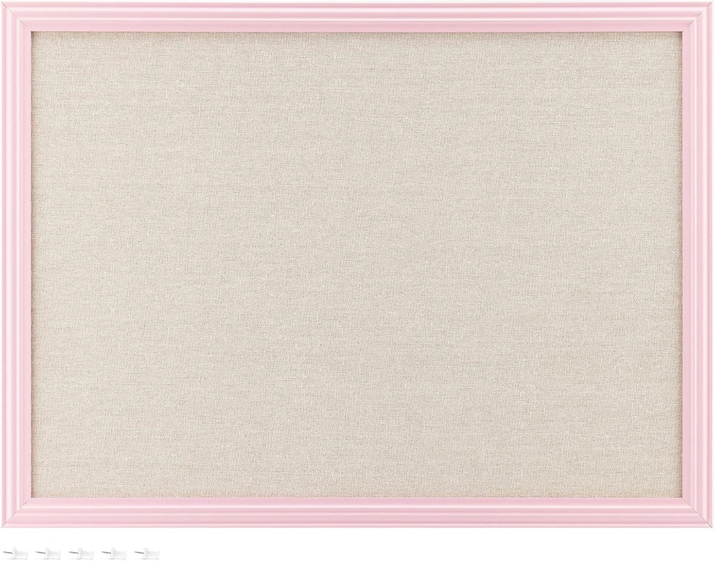 Navaris Framed Linen Bulletin Board - 17 x 23 inches Fabric Jewelry Organizer Pinboard for Wall Memory Memo Pin Board - Natural Linen with Pink Frame