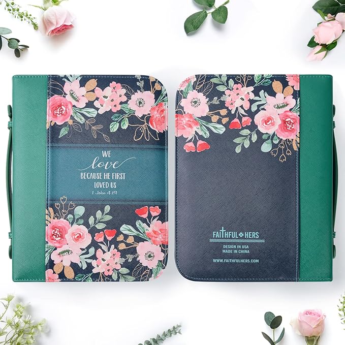 Bible Cover Case for Women with 7 Beautiful Paper Bookmarks Floral PU Leather Bible Cover Bag with Pockets and Zipper for Standard and Large Size Study Bible 10.8"x7.8"x2" (Dark Green)