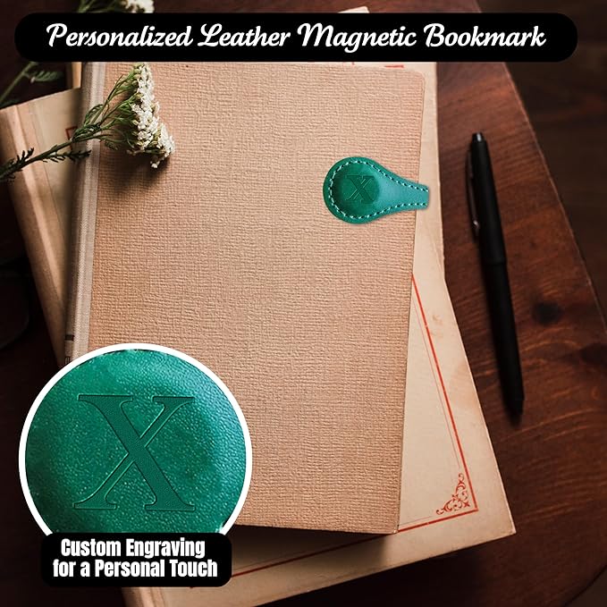 Personalized Leather Magnetic Bookmarks (1 Pack) Vintage Custom Engraved Initial ID Identification Book Marker Clip Gift for Book Lover Avid Readers (Letter X, Green)