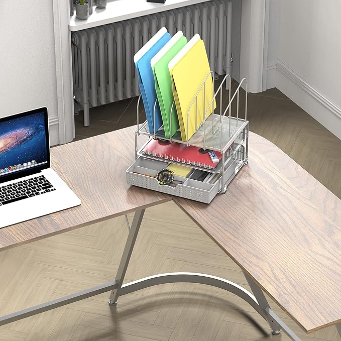 Deco Brothers Desk File Organizer with Letter Tray and 5 Upright File Stand, Silver