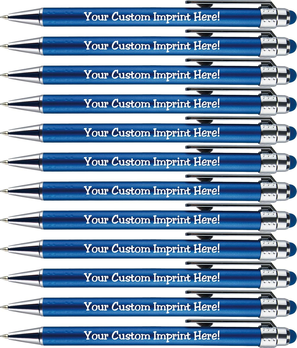 Personalized Pens with Stylus Tip -Bright Vibes- Click action - Custom - Black writing - Printed Name pens - Imprinted with Your Logo or Message - FREE PERSONALIZATION - 12 Pens/Box (Blue)