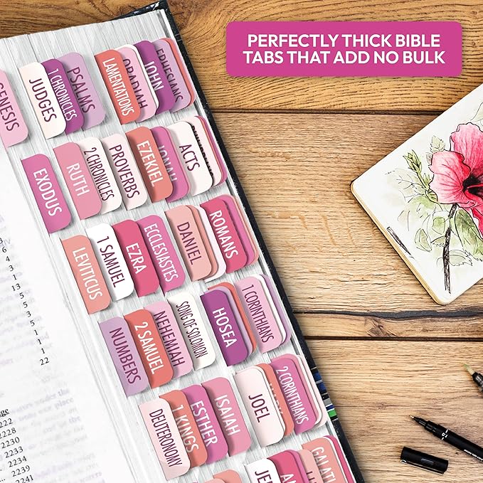 Pink Bible Tabs, 90 Large Print Bible Index Tabs for Study Bible, Laminated Easy-to-Read Label, Christian Gift for Women, Men, Kids