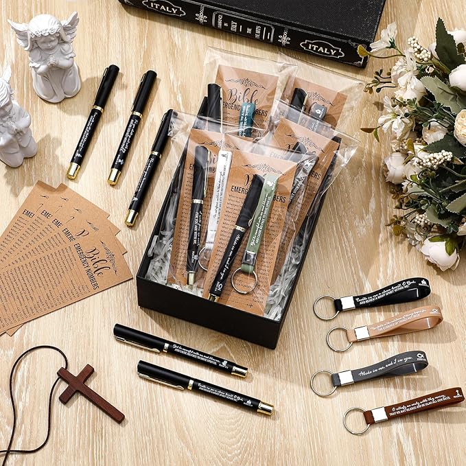 25 Sets Christmas Christian Church Gifts Bulk Bible Verse Plastic Gel Pen Religious Silicone Keychains Scripture Bookmark 2''x 6'' Emergency Numbers Bible Bookmarks Gift Pastor(Black)