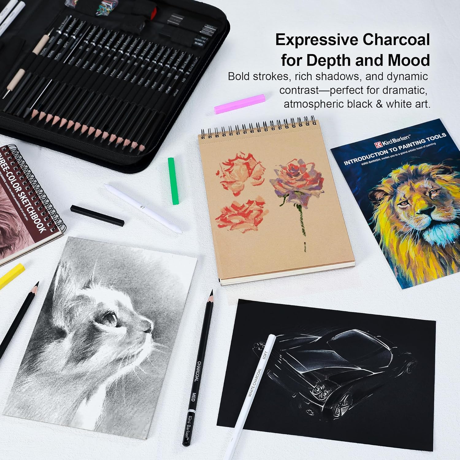 Kird Barken 112 PCS Professional Drawing Set – Sketch Kit with Graphite & Charcoal Pencils, 3-Color Sketchbook, Art Supplies for Shading & Blending – Ideal for Artists, Adults, Teens & Beginners