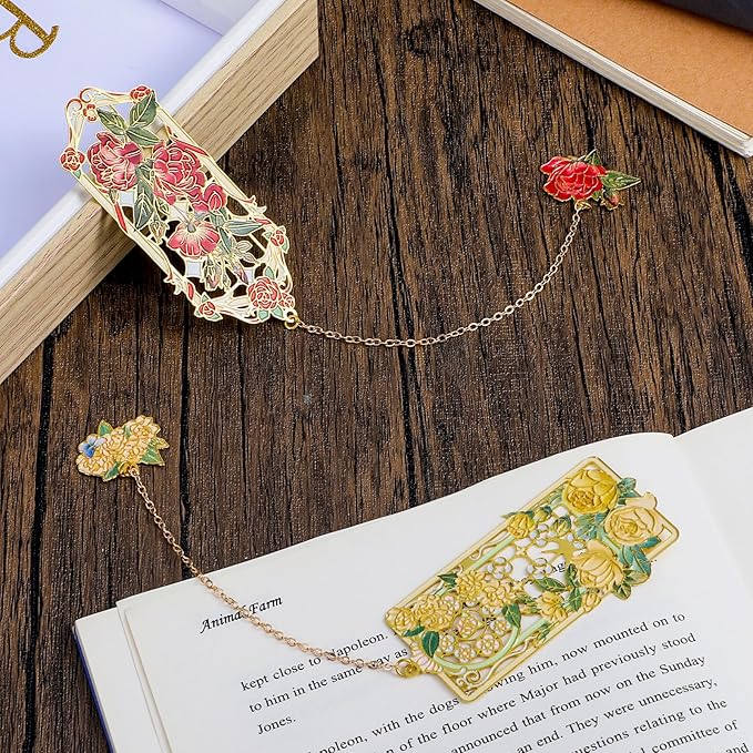 2 Pcs Metal Rose Bookmarks, Beautiful Book Marks for Reading Women Vintage Bookmarks with Metal Chain Pretty Bookmark Gift for Book Lovers Readers Birthday Christmas Gifts(Red, Yellow Roses)