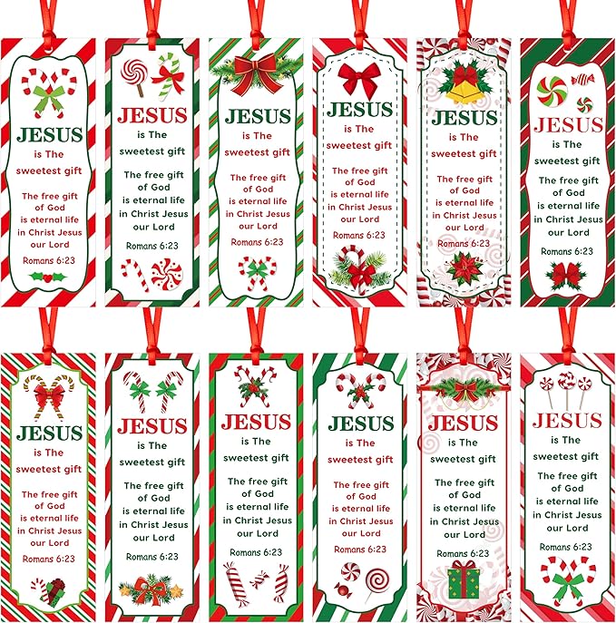 Haooryx 120pcs Christmas Theme Bookmarks, Christmas Candy Cane Pattern Bookmarks with Red Ribbons, Christian Religious Christmas Bookmark Party Favor for Sunday School Supply Classroom Students Reward