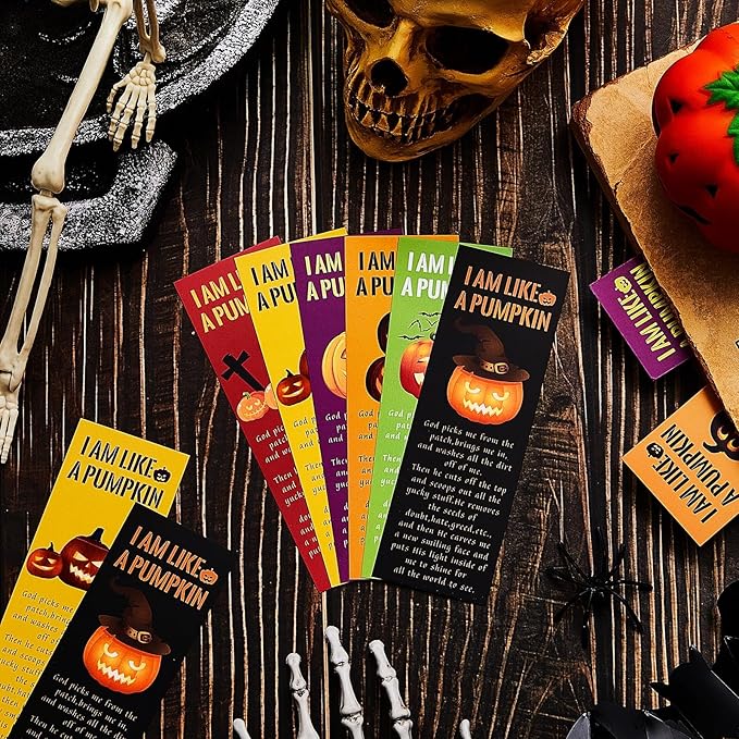 Gueevin 120 Pieces Halloween Bookmarks Pumpkin Bible Verses Bookmarks Christian Bookmarks Religious Book Markers for Women Girl Book Lovers Church Baptism Christian Halloween Gifts