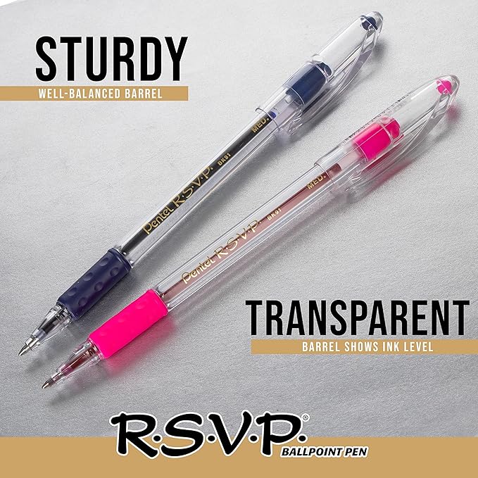Pentel(R) R.S.V.P.(R) Ballpoint Pens, 1.0 mm, Medium Point, Clear Barrel, Black Ink, Pack Of 12, BK91-A