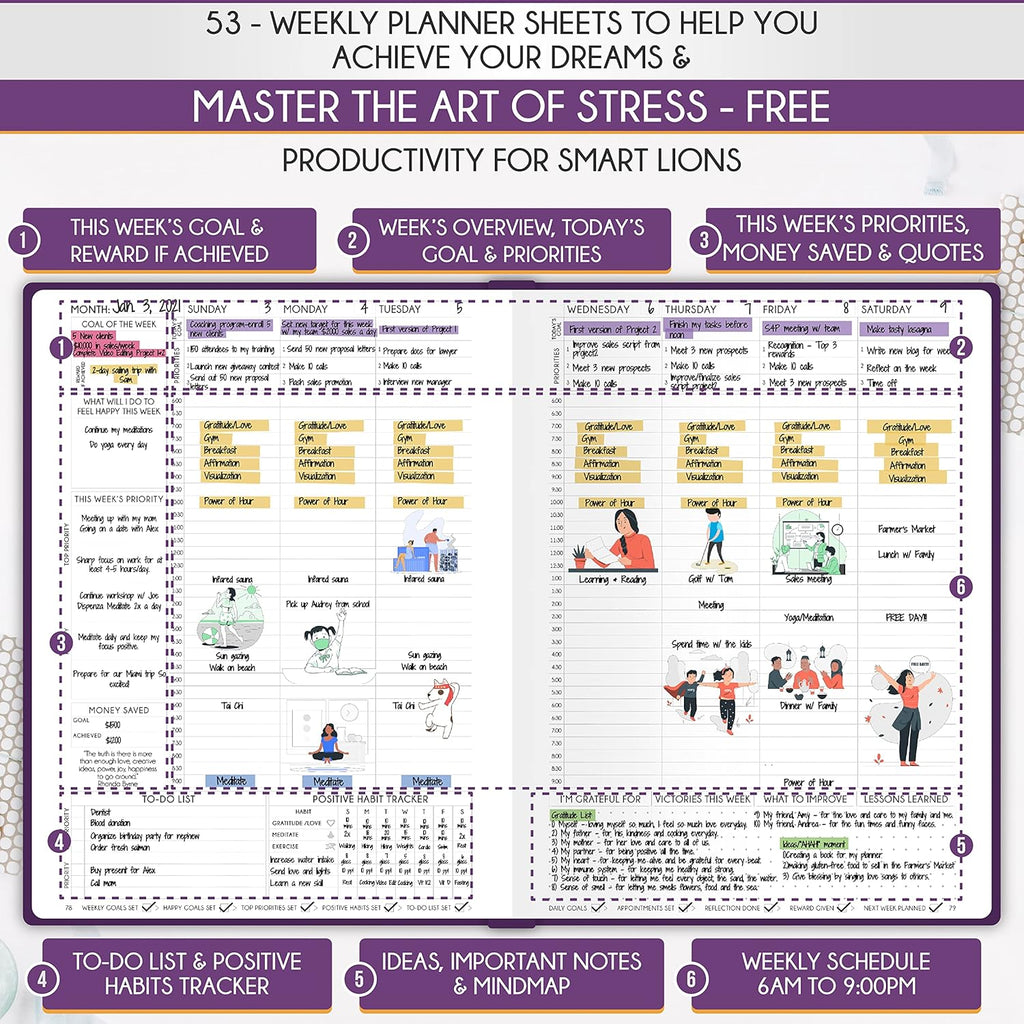 Hourly Planner - Undated Daily, Weekly & Monthly Planner with Budget Section | A 12 Month Journey to Increase Productivity & Happiness | Life Organizer & Gratitude Journal - Vertical Format