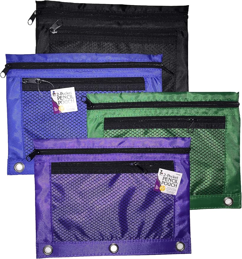 Charles Leonard Pencil Pouch for Binder with 2 Pockets, Front Mesh Pocket, Assorted Colors, Includes 24 Pouches (76350-ST)