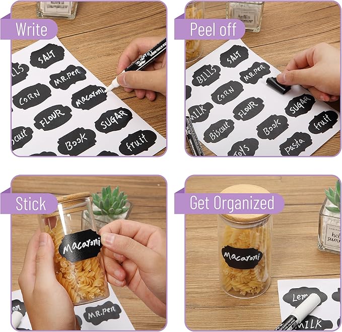 Mr. Pen- Chalkboard Labels, 150pcs, Assorted Shapes, White Chalk Marker & Small Towel, Sticker Labels for Storage, Bottle & Food Jars