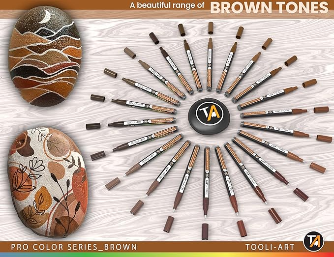 Acrylic Paint Pens 22 Brown Tones Assorted Pro Color Series Markers Set 0.7mm Extra Fine Tip for Rock Painting, Glass, Mugs, Wood, Metal, Canvas, Projects, Non Toxic, Waterbased, Quick Drying