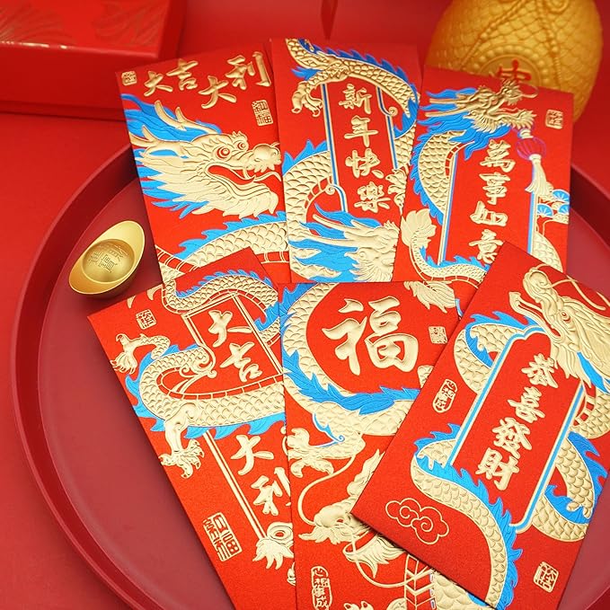 Chinese New Year Red Envelopes 2024 Dragon Lucky Money Envelopes Hongbao 红包 Laisee Embossed Foil Chinese Lunar Envelopes for Spring Festival (6 Patterns 12 Pcs)