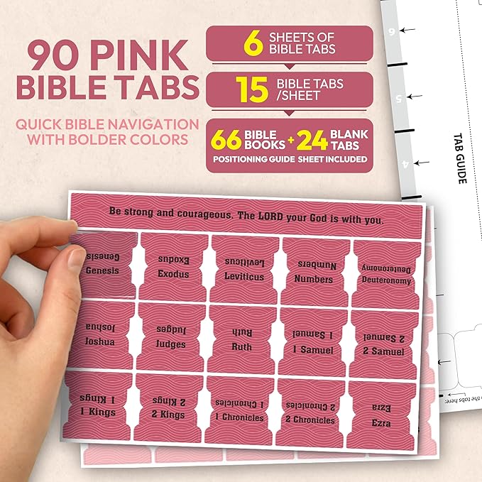 Pink Bible Tabs, 90 Large Print Bible Index Tabs for Study Bible, Laminated Easy-to-Read Label, Christian Gift for Women, Men, Kids
