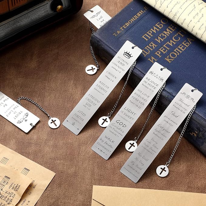 5 Pcs Christian Gifts for Women Metal Religious Bible Verse Bookmark Gifts for Friend Inspirational Christian Bookmarks with Church Cross Chain Scripture Bookmarks for Men Bulk Gift(Silver)