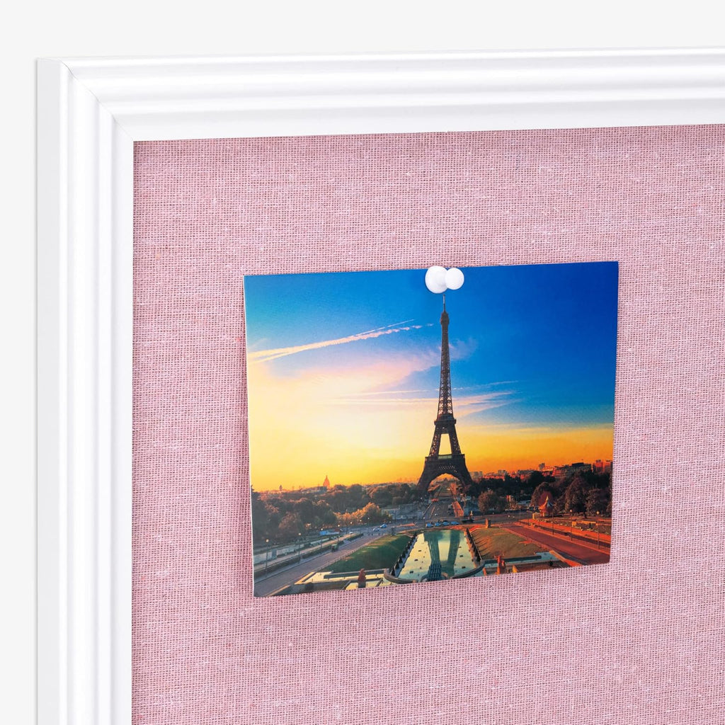 Navaris Framed Linen Bulletin Board - 17 x 23 inches Fabric Jewelry Organizer Pinboard for Wall Memory Memo Pin Board - Pink Linen with White Frame
