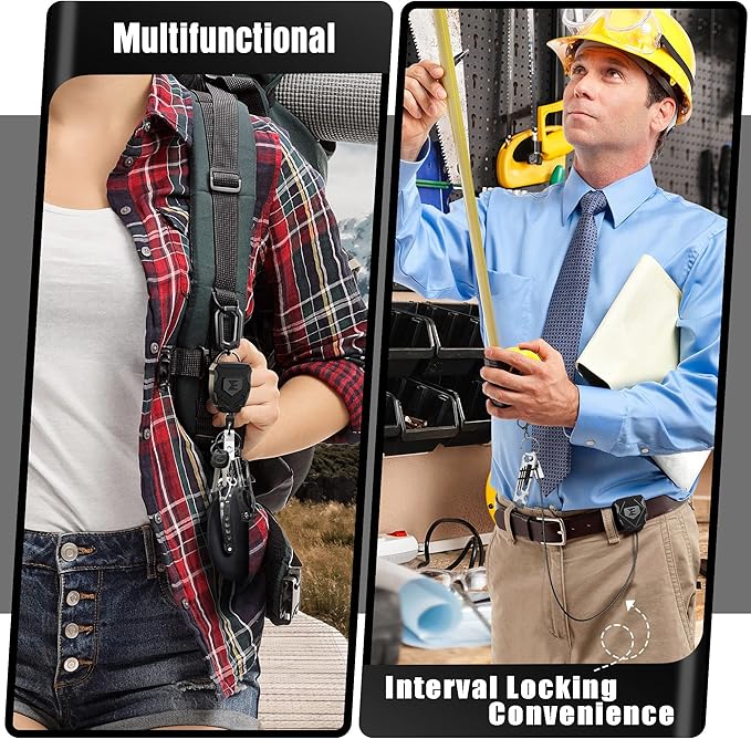 ELV Heavy Duty Retractable Keychain with Interval Locking, Belt Clip and Carabiner, ID Badge Key Reel, Retractable Badge Holder with 31” Dyneema Cord, Key Ring, Lobster Claw Clasp and Phone Tethers