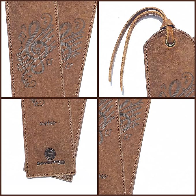 Leather Bookmarks for Men and Women | Quality Mens Bookmark with Music Notes | 2 Smooth Handmade Leather Book Markers for Men Women Book Lovers Readers (7x2") Leather Gift | Sovereign-Gear