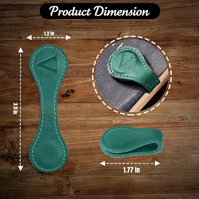 Personalized Leather Magnetic Bookmarks (1 Pack) Vintage Custom Engraved Initial ID Identification Book Marker Clip Gift for Book Lover Avid Readers (Letter V, Green)